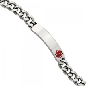 Stainless Steel Polished with Red Enamel 9.5in Medical ID Bracelet