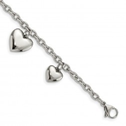 Stainless Steel Polished Hearts 8in Bracelet