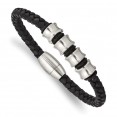 Stainless Steel Brushed Black Leather 8.5in Bracelet