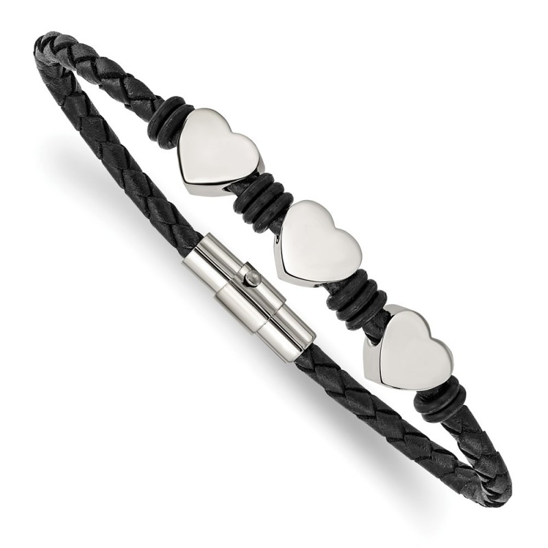 Stainless Steel Black Leather w/Polished Hearts 7.5in Bracelet