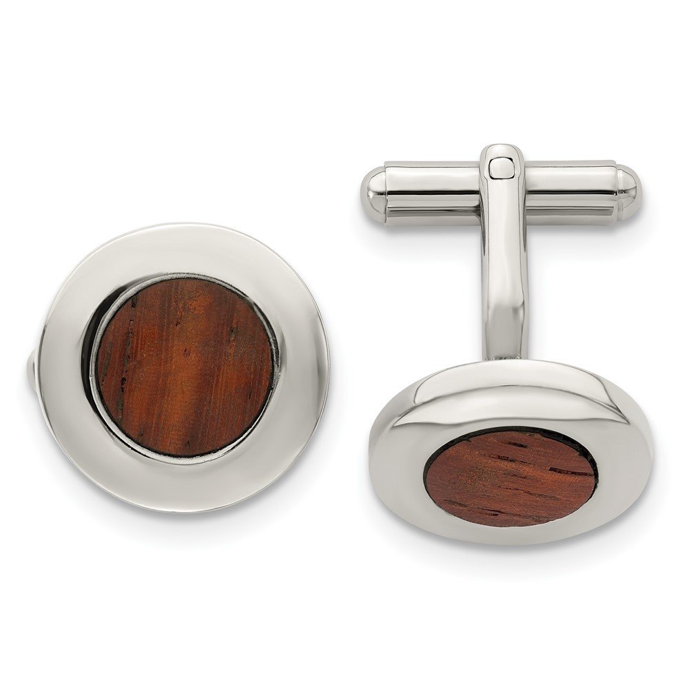 Stainless Steel Polished Koa Wood Inlay Circle Cufflinks