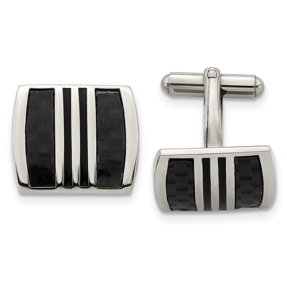 Stainless Steel Polished w/ Black Carbon Fiber Inlay & Enamel Cufflinks