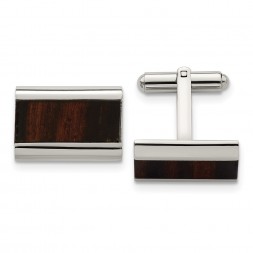 Stainless Steel Polished Black Koa Wood Inlay Rectangle Cufflinks