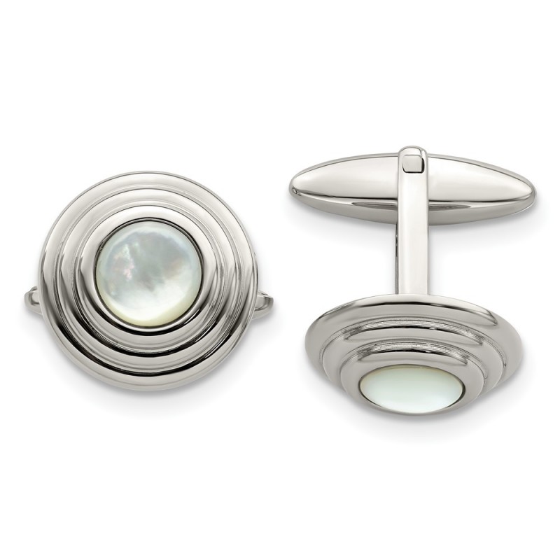 Stainless Steel Polished Mother of Pearl Circle Cufflinks