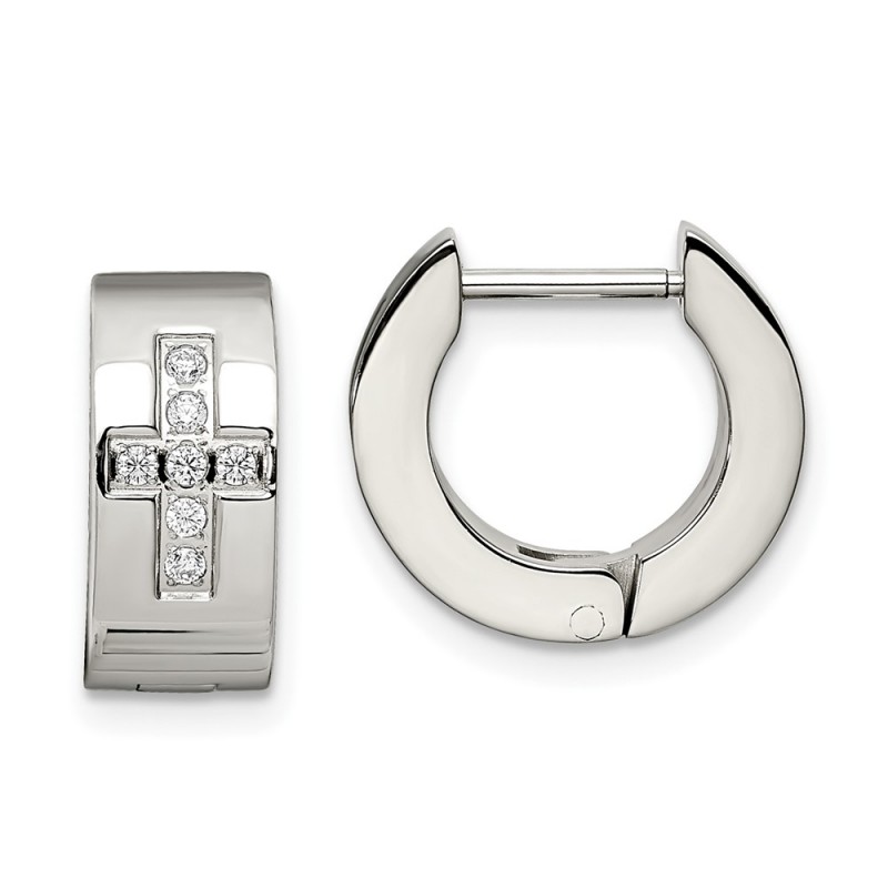 Stainless Steel Brushed and Polished w/CZ Cross 6mm Hinged Hoop Earrings