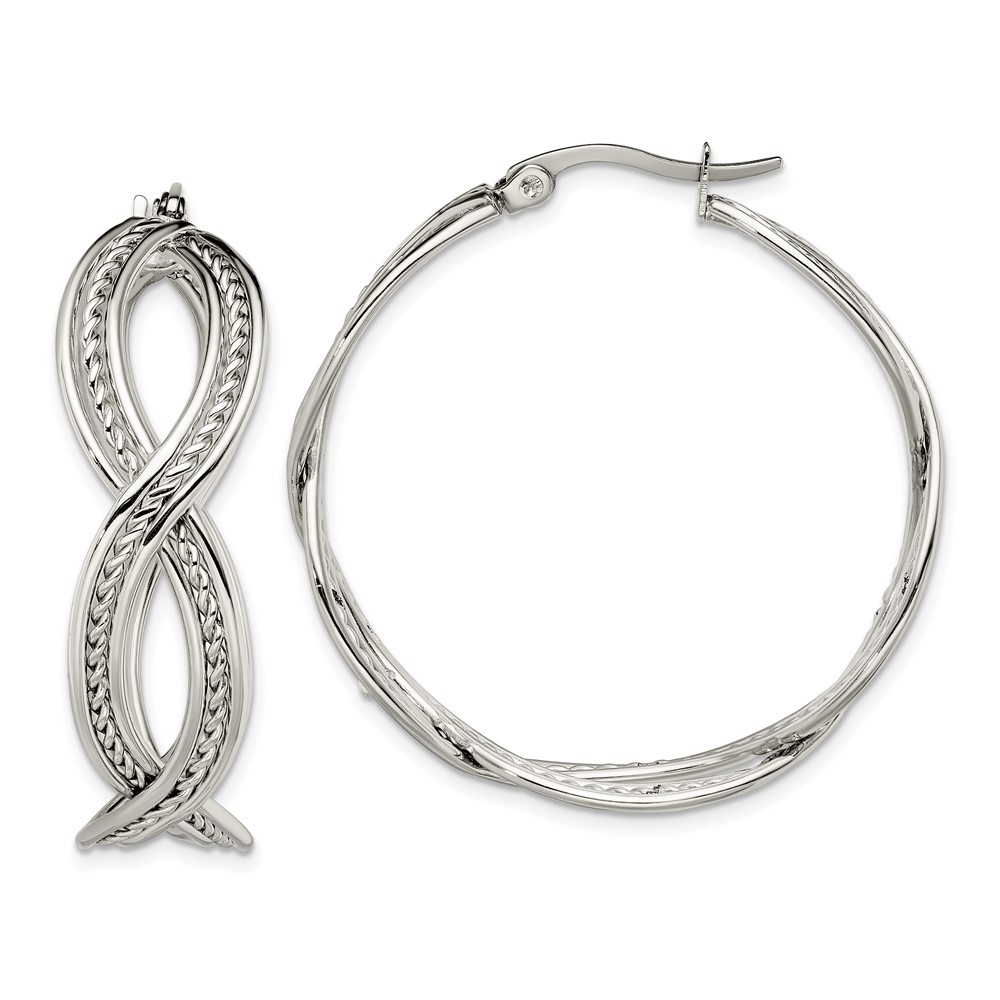 Stainless Steel Polished & Textured Twisted 35mm Diameter Hoop Earrings