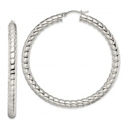 Stainless Steel Polished and Textured Hollow Hoop Earrings