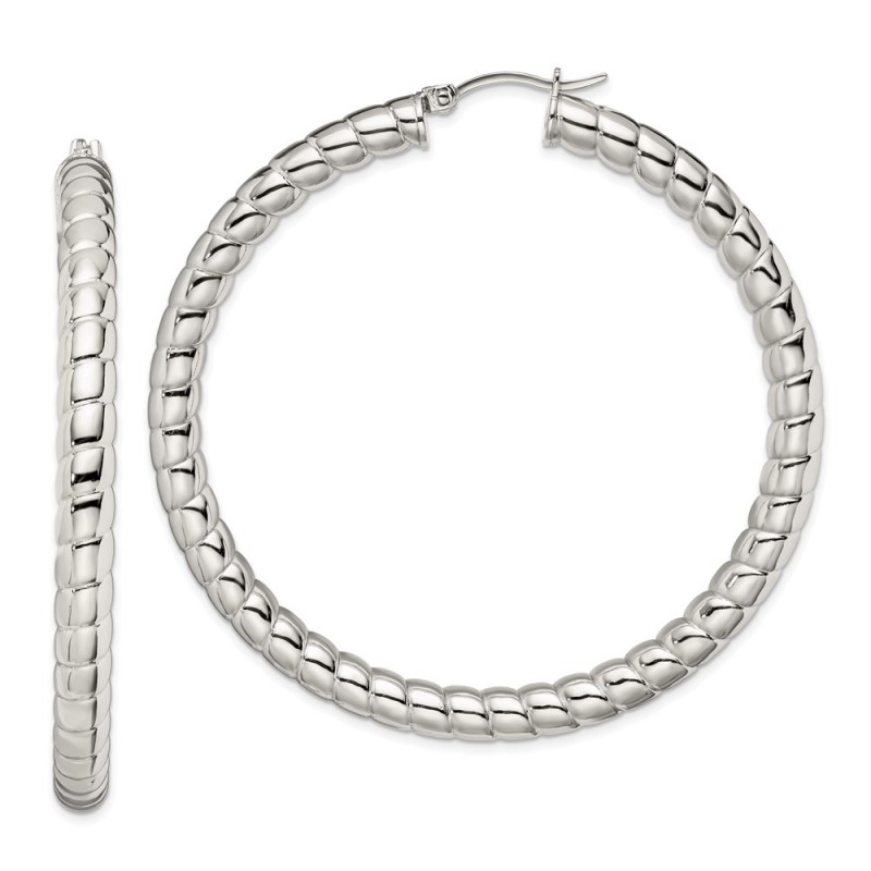 Stainless Steel Polished and Textured Hollow Hoop Earrings