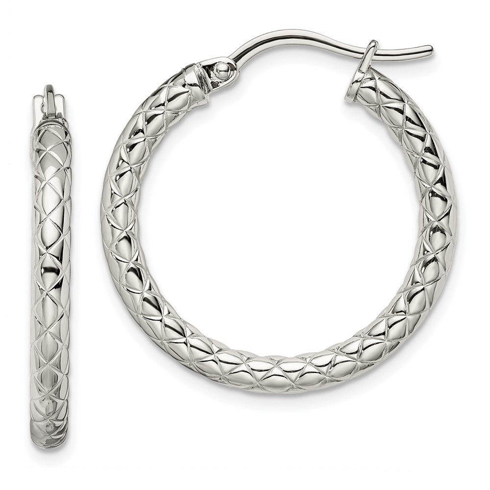 Stainless Steel Polished and Textured Hollow Hoop Earrings