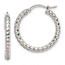 Stainless Steel Polished & Textured 20mm Diameter Hollow Hoop Earrings