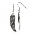 Stainless Steel Antiqued and Polished Wing Dangle Shepherd Hook Earrings