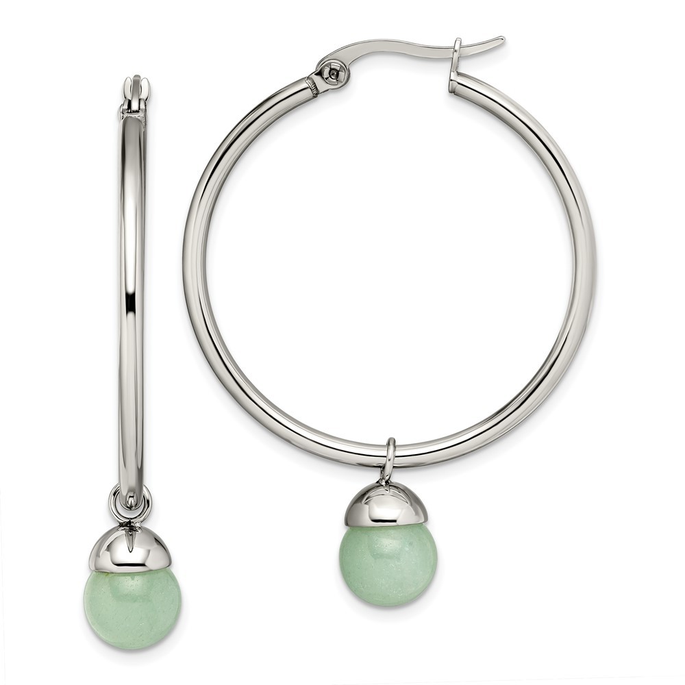 Stainless Steel Polished w/Green Aventurine Bead Hoop Earrings