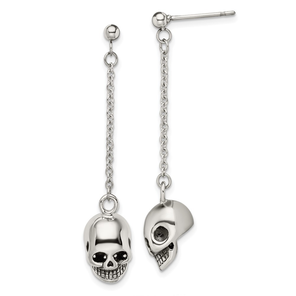 Stainless Steel Antiqued and Polished Skull Post Dangle Earrings