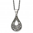 Stainless Steel Antiqued Polished & Textured Marcasite Teardrop Necklace