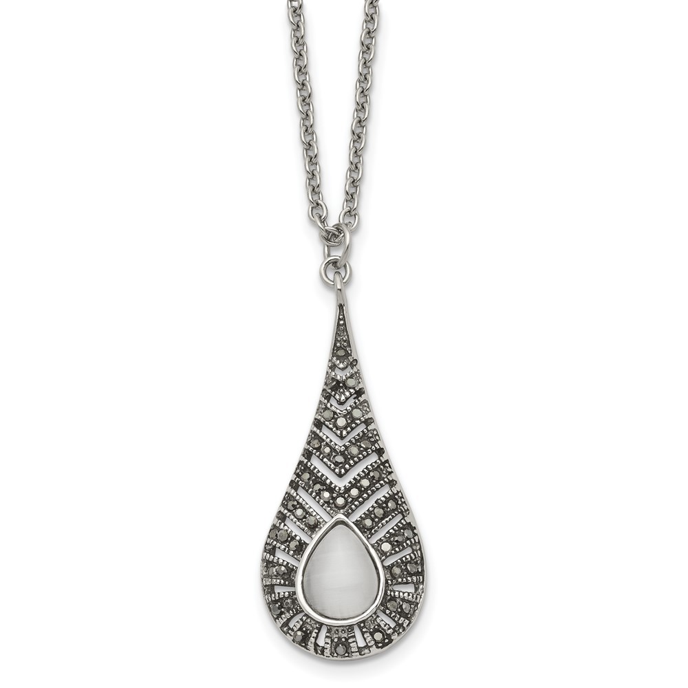 Stainless Steel Polished w/Marcasite and Cat's Eye 18in Necklace