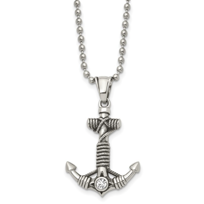 Stainless Steel Antiqued and Polished w/ CZ Anchor 20in Necklace