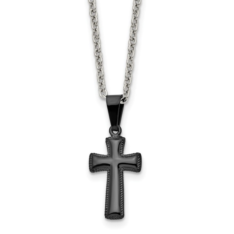 Stainless Steel Polished Black IP-plated Small Pillow Cross 16in Necklace