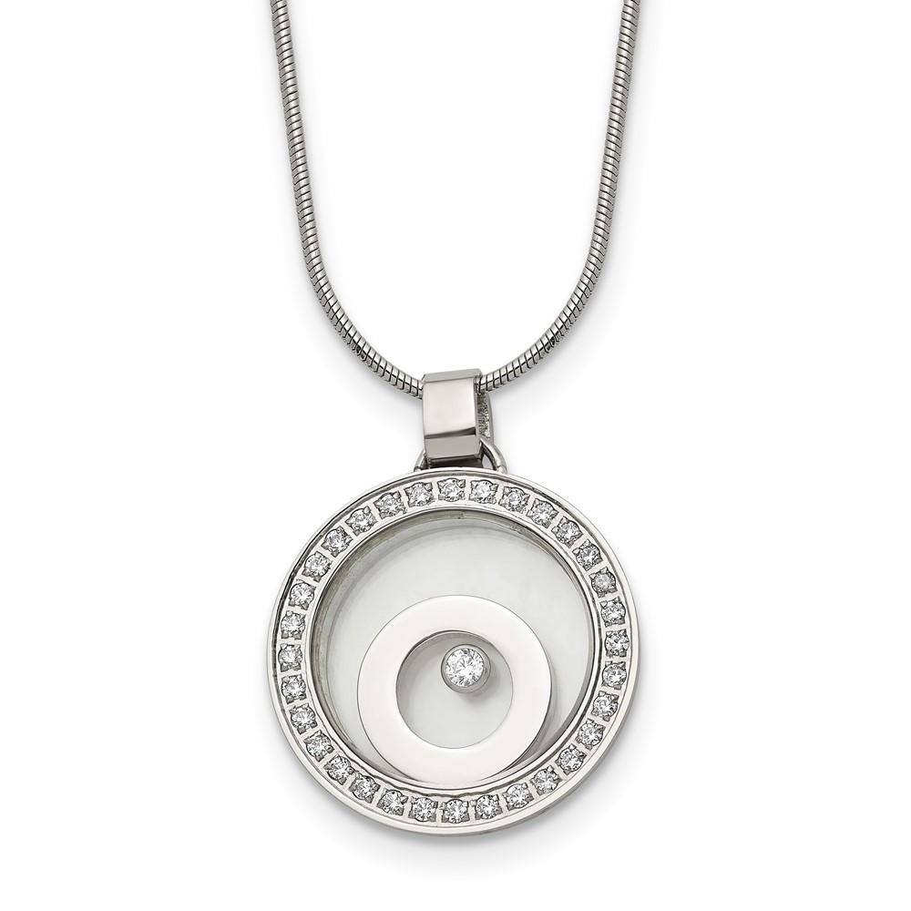 Stainless Steel Polished with Moving CZ Floating in Glass Circle Necklace