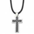 Stainless Steel Black Carbon Fiber Inlay Cross 18in Leather Cord Necklace