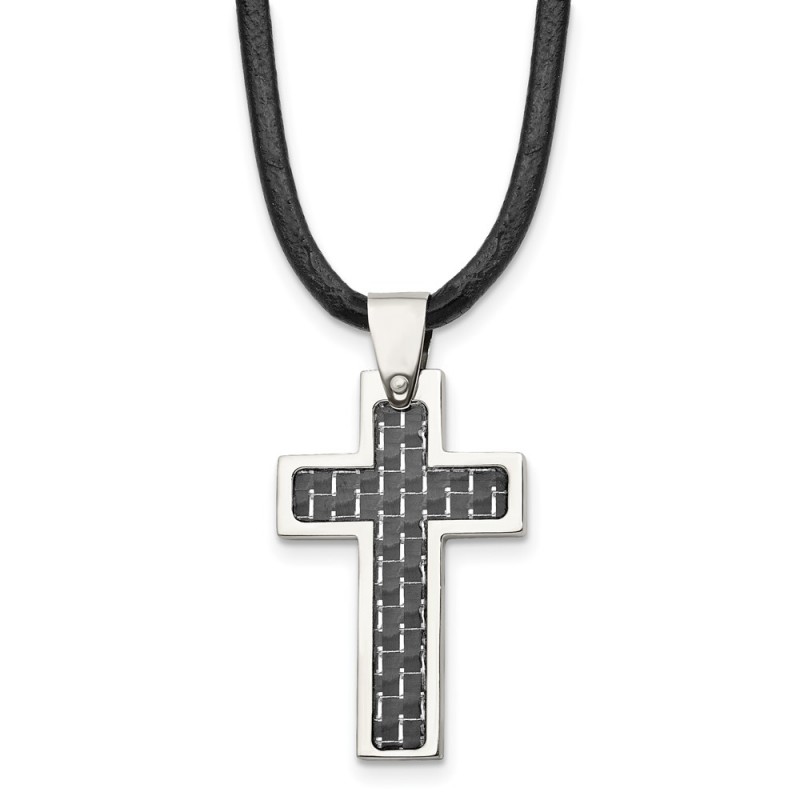 Stainless Steel Black Carbon Fiber Inlay Cross 18in Leather Cord Necklace