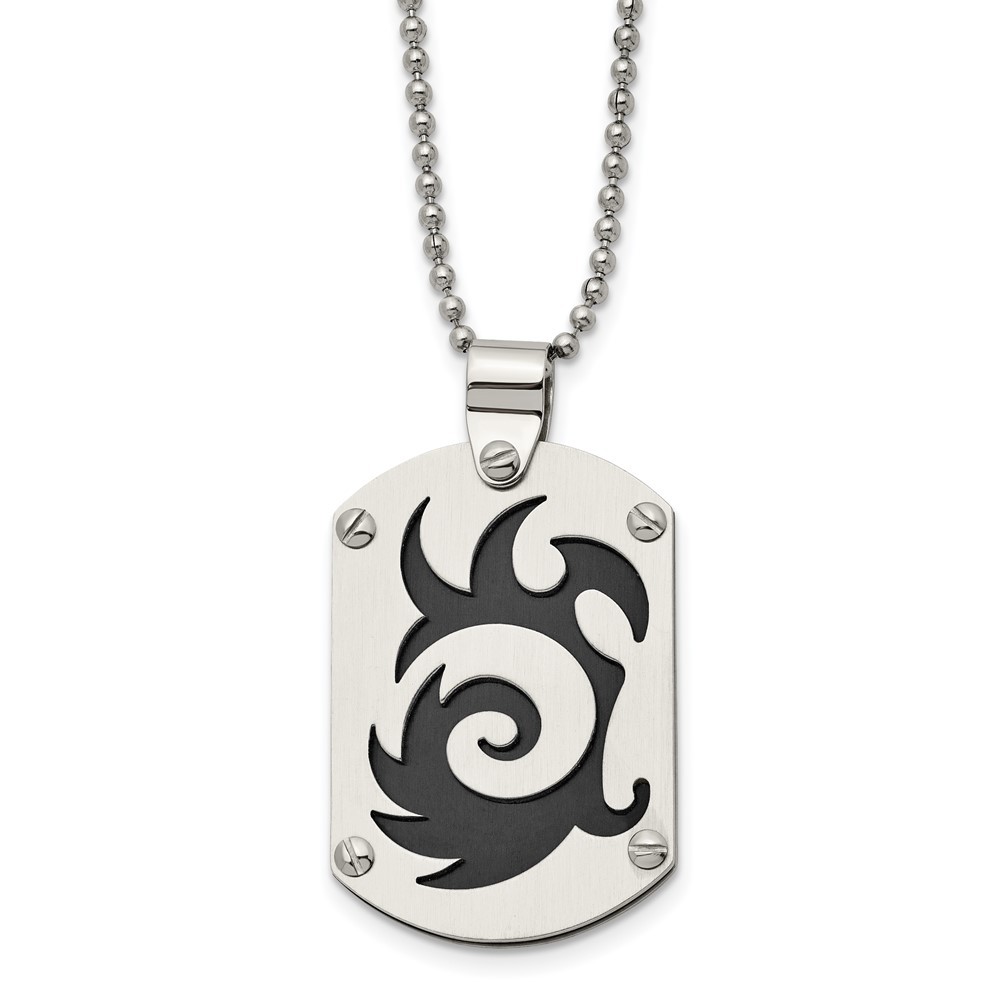 Stainless Steel Brushed Black IP-plated Swirl Dog Tag 24in Necklace