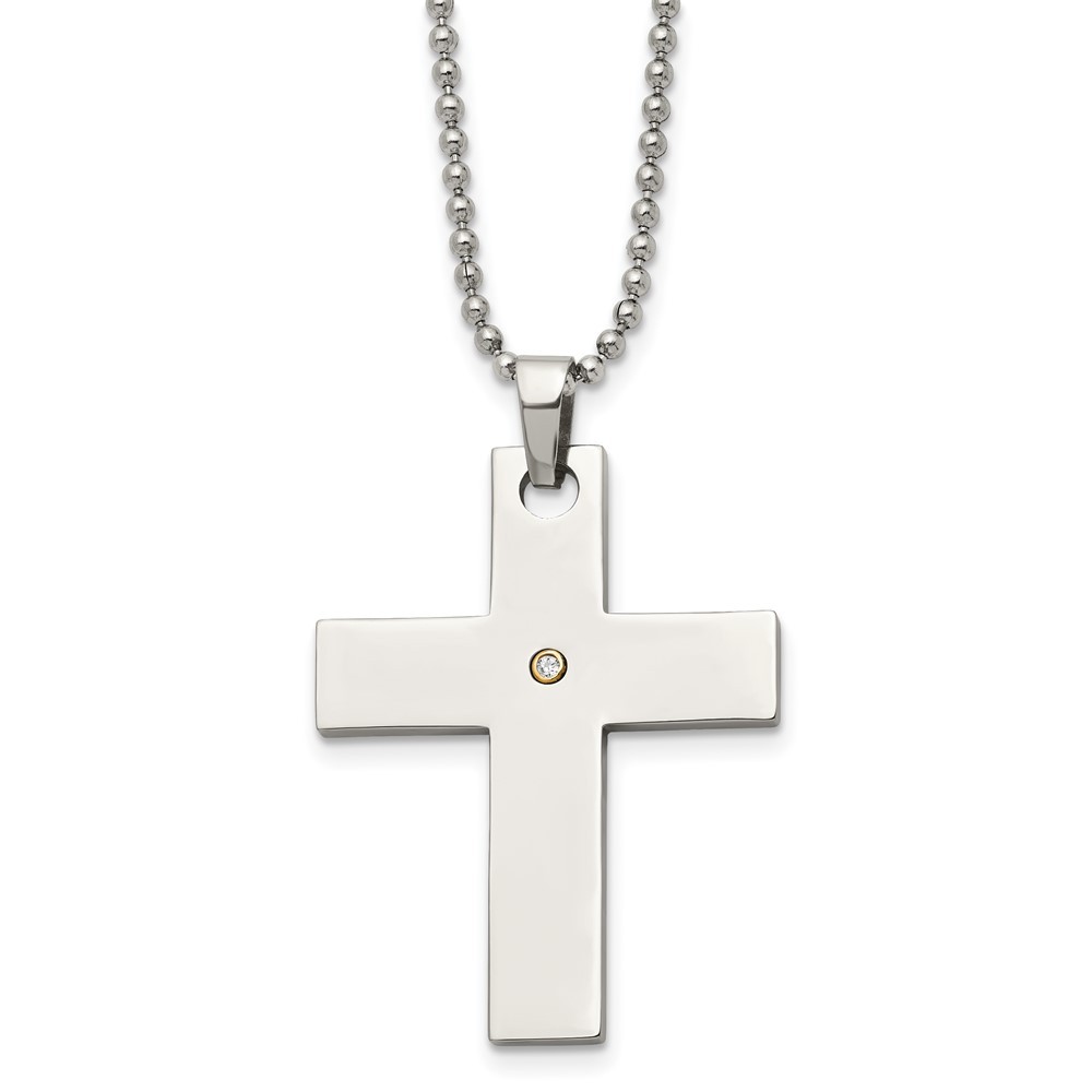 Stainless Steel Polished w/14k Accent .02ct Diamond Cross 22 inch Necklace