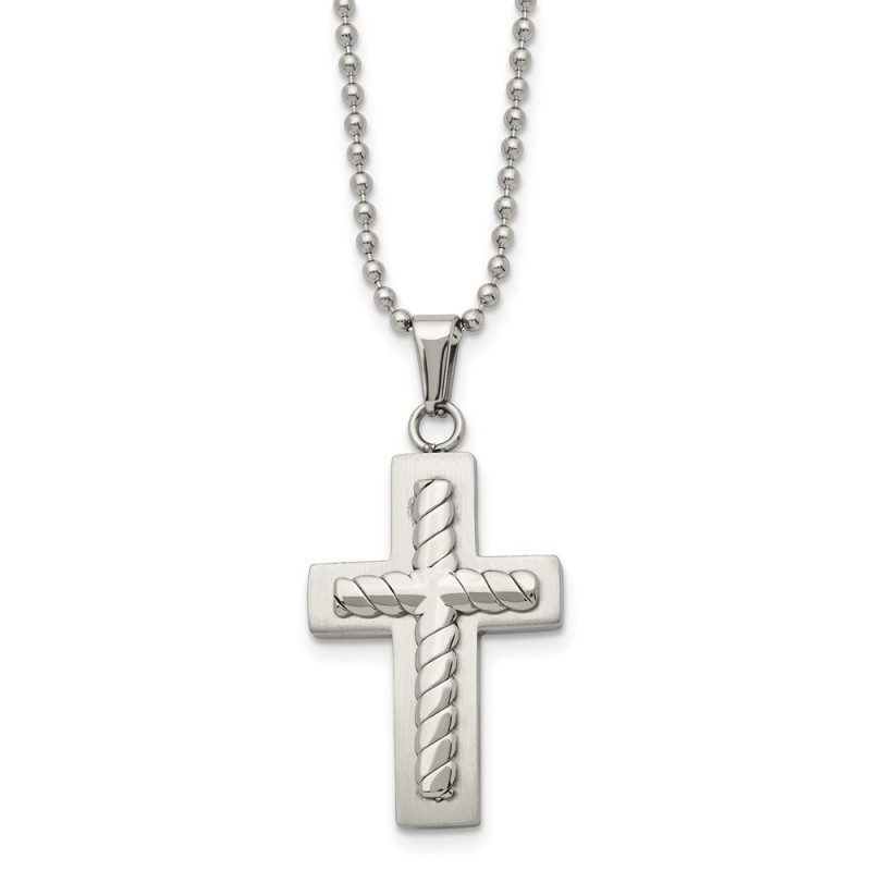 Stainless Steel Brushed and Polished Cross 24in Necklace