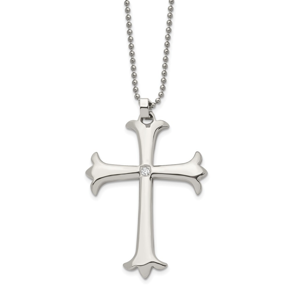 Stainless Steel Polished w/CZ Cross 22in Necklace