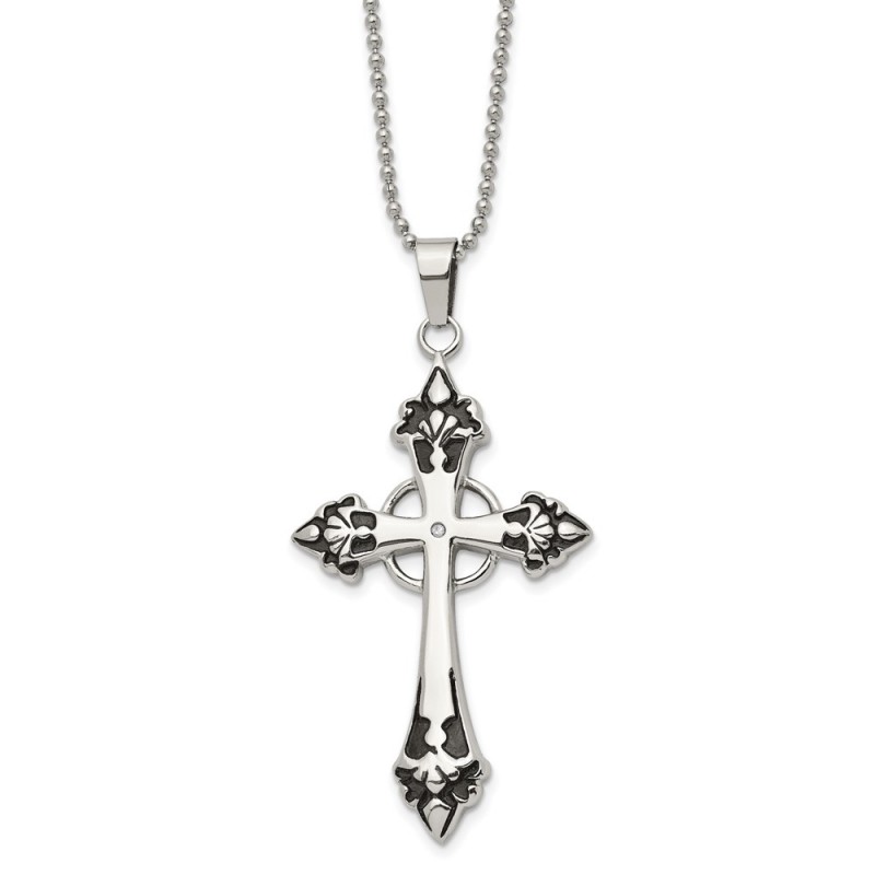 Stainless Steel Polished Enameled w/.01ct Diamond Cross 24in Necklace