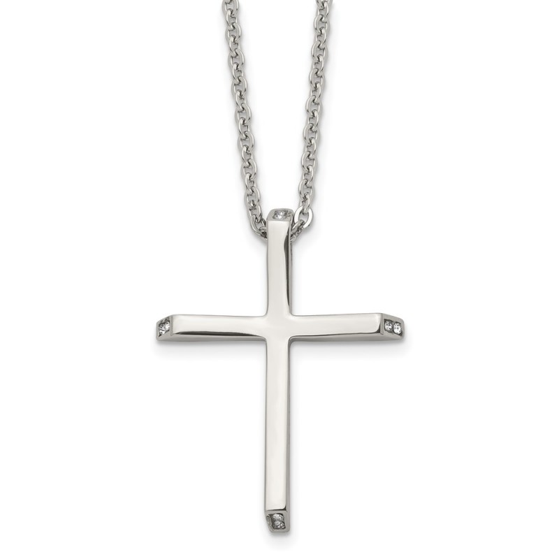 Stainless Steel Polished w/CZ Cross 22in Necklace