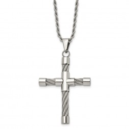 Stainless Steel Polished and Textured w/Cable Cross 22in Necklace