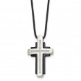 Stainless Steel Polished Black IP w/CZ Cross Leather Cord Necklace