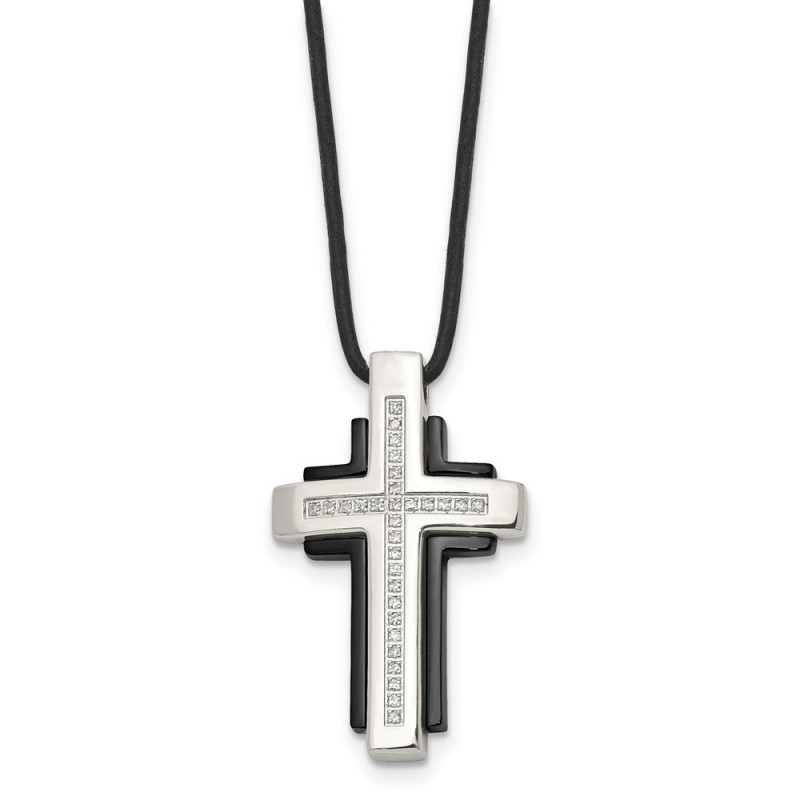 Stainless Steel Polished Black IP w/CZ Cross Leather Cord Necklace