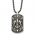 Stainless Steel Antiqued and Polished Black IP Fleur de lis Dog Tag Necklac