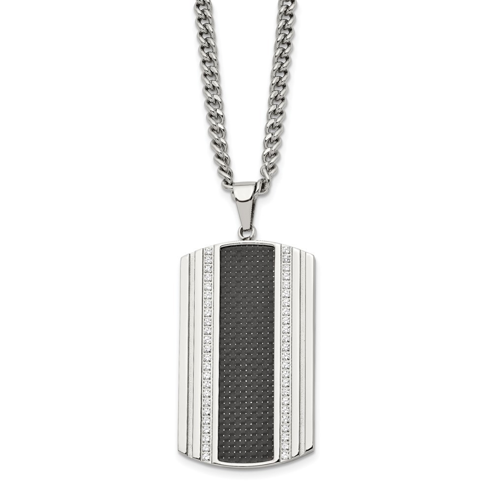 Stainless Steel Polished w/Black Carbon Fiber Inlay & CZ Dog Tag Necklace