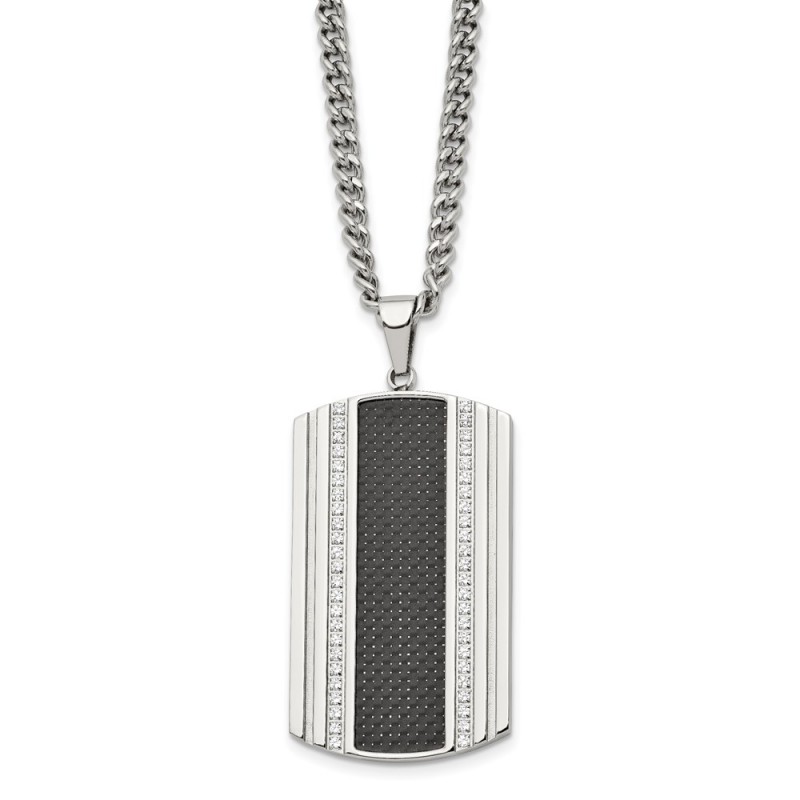 Stainless Steel Polished w/Black Carbon Fiber Inlay & CZ Dog Tag Necklace