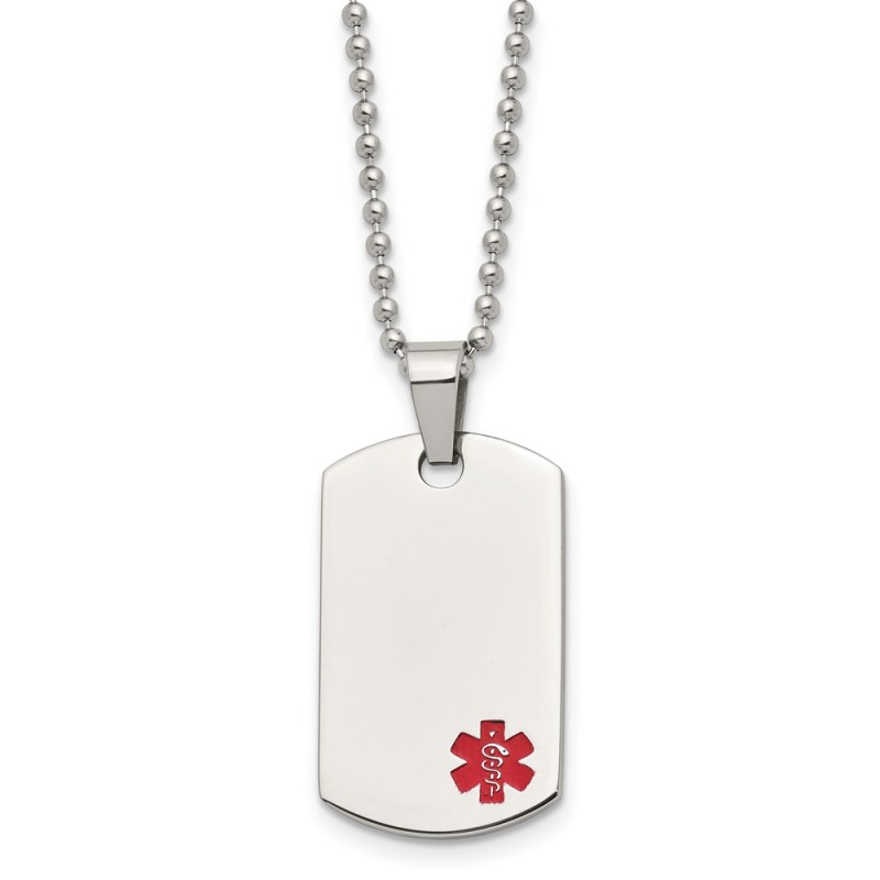 Stainless Steel Polished w/Red Enamel Medical ID 24in Necklace