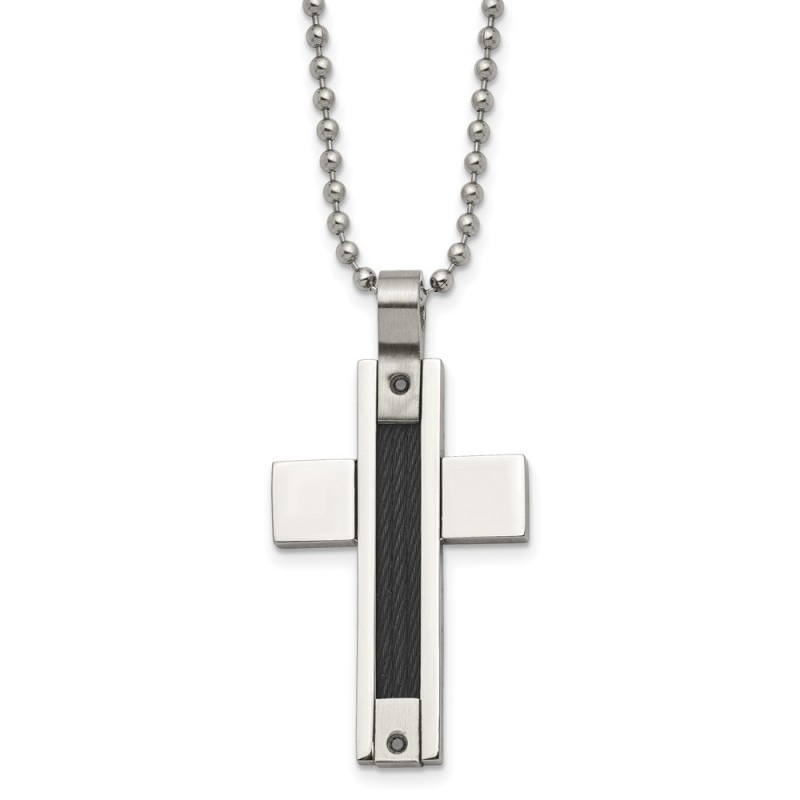 Stainless Steel Polished Black IP Cable 1/20ct Black Dia Cross Necklace