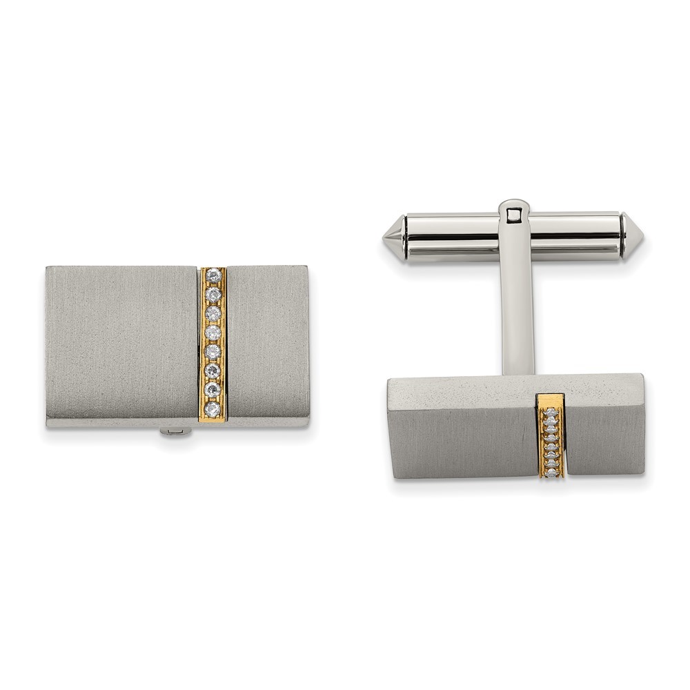 Titanium Brushed Yellow IP-plated w/CZ Rectangular Cuff Links