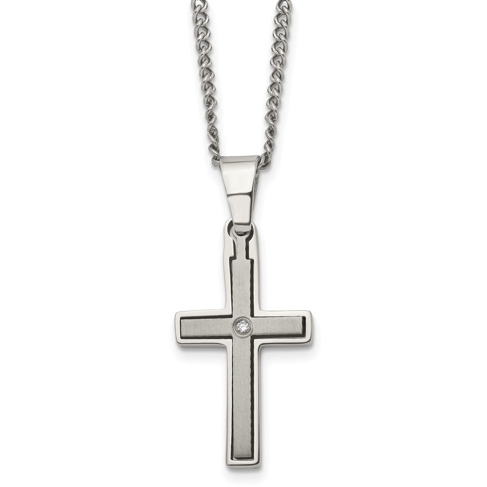 Titanium Brushed and Polished w/.03ct Diamond Cross 22in Necklace