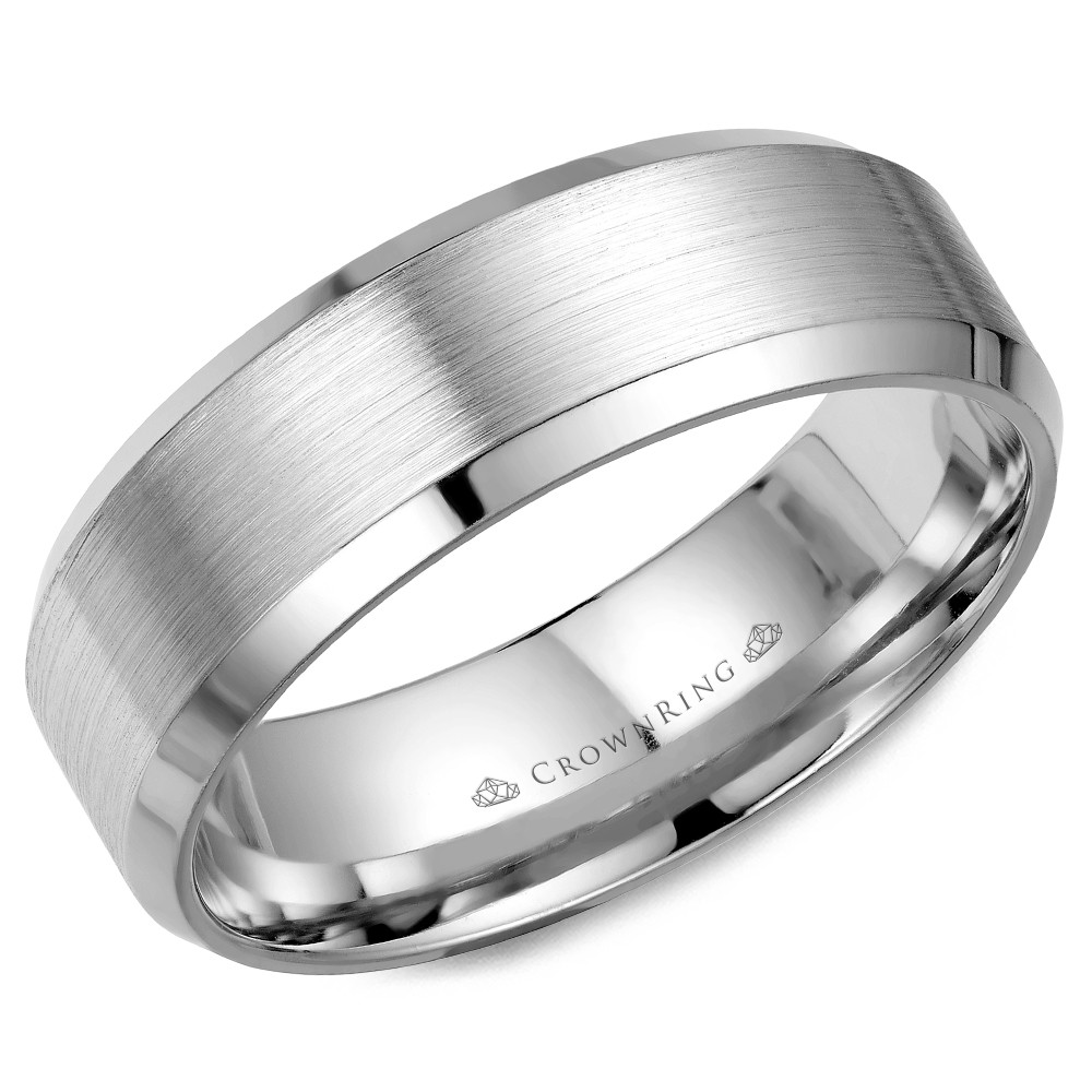 White Gold Wedding Band With Brushed Center And Beveled Edges