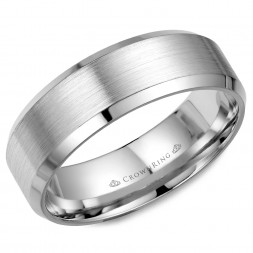 White Gold Wedding Band With Brushed Center And Beveled Edges