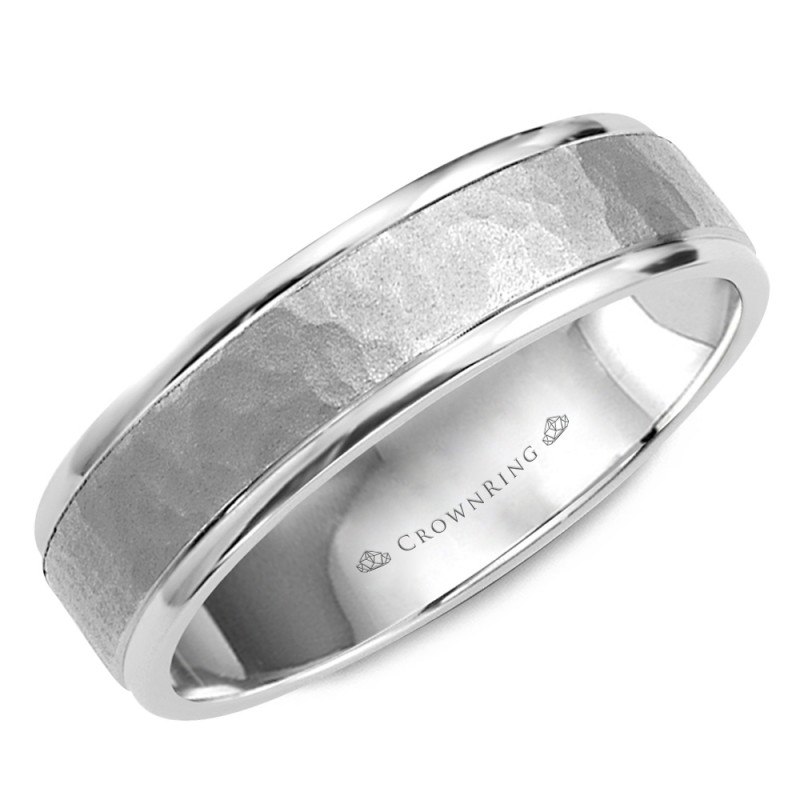 Hammered White Gold Wedding Band With Polished Edges