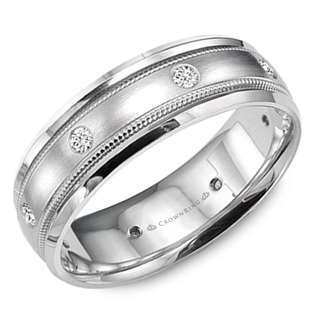 White Gold Wedding Band With Brushed Center, Milgrain Detailing And Six Round Diamonds