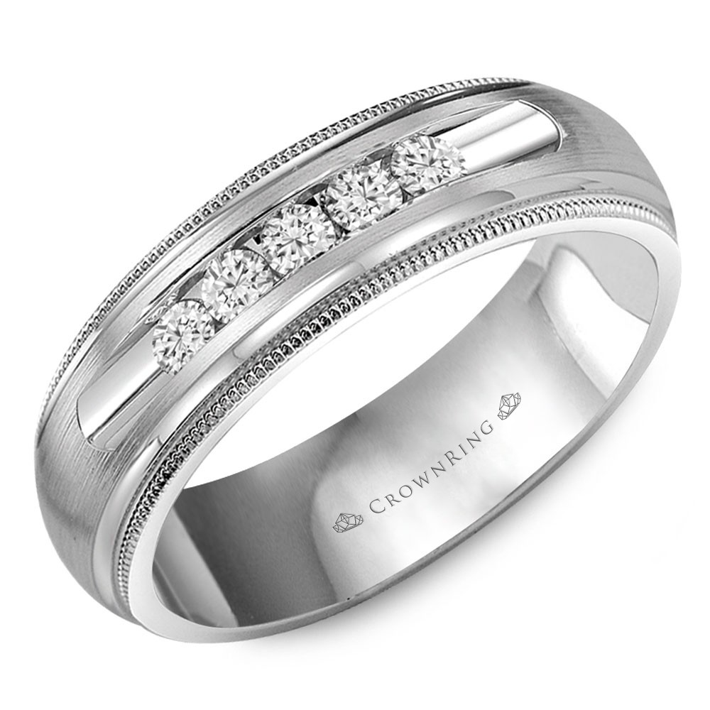 Wedding Band With Milgrain Detailing, Brushed Center And Five Round Channel Set Diamonds