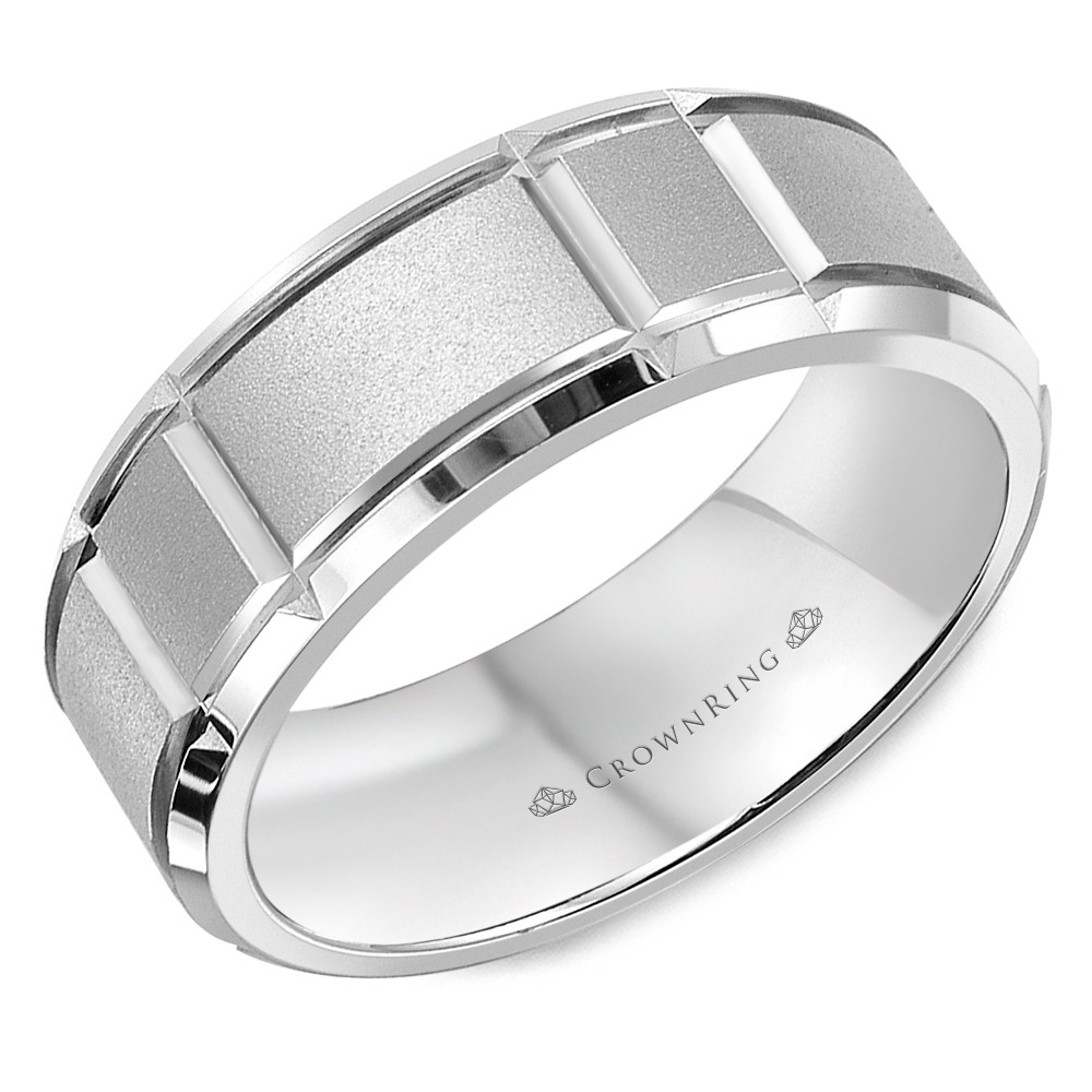 Sandblasted White Wedding Band With Notch Detailing And Beveled Edges