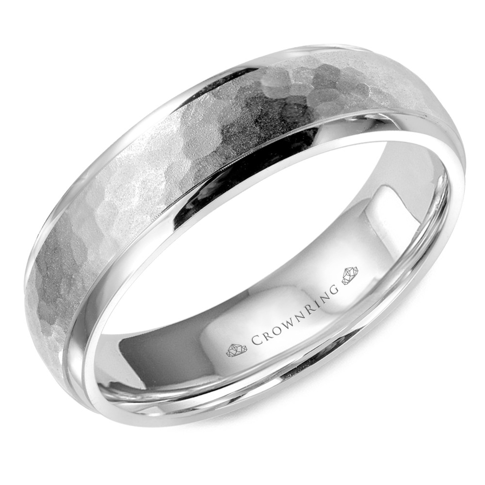 White Gold Wedding Band With Hammered Center