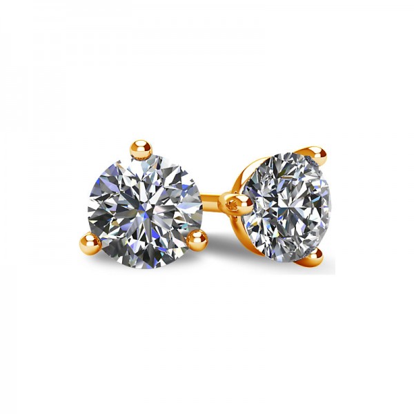 3-PRONG 14K YELLOW GOLD MARTINI-STYLE ROUND DIAMOND STUD EARRINGS WITH FRICTION BACKS